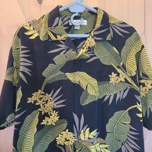Tommy Bahama Men's L Silk Hawaiian‎ Shirt, Black Yellow Print, Casual Shirt